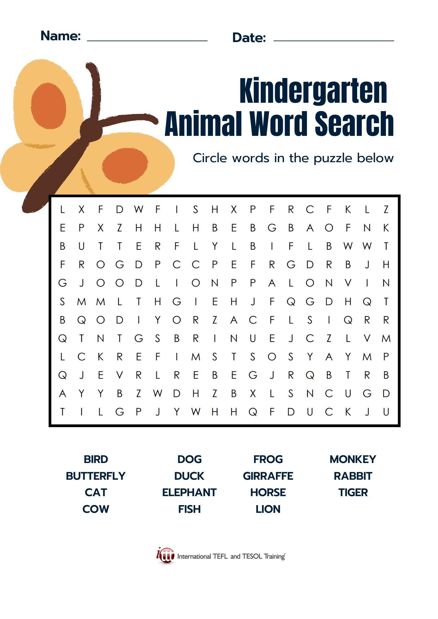 Grammar corner Kindergarten Animal Word Search