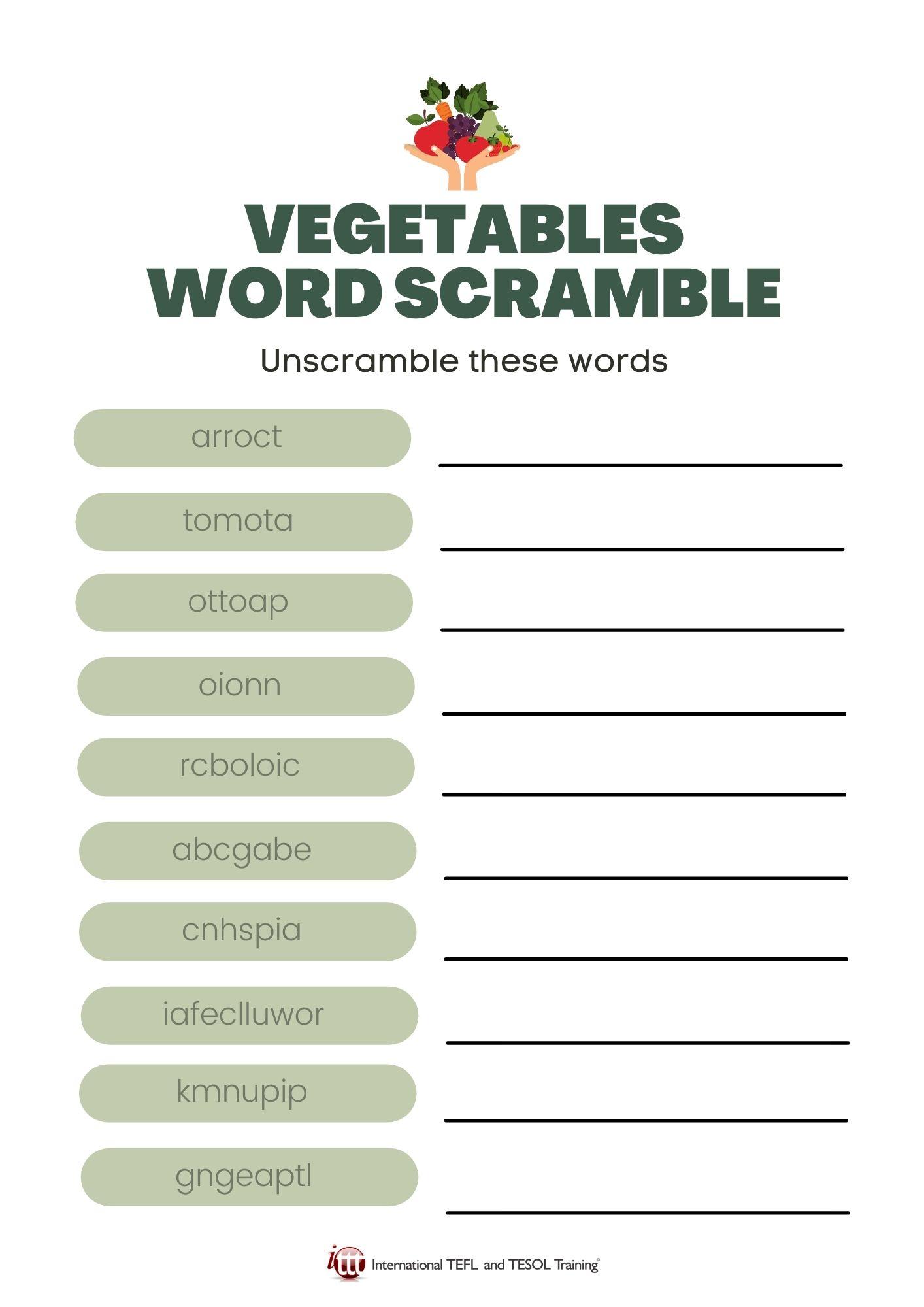 Grammar corner Vegetables EFL Word Scramble