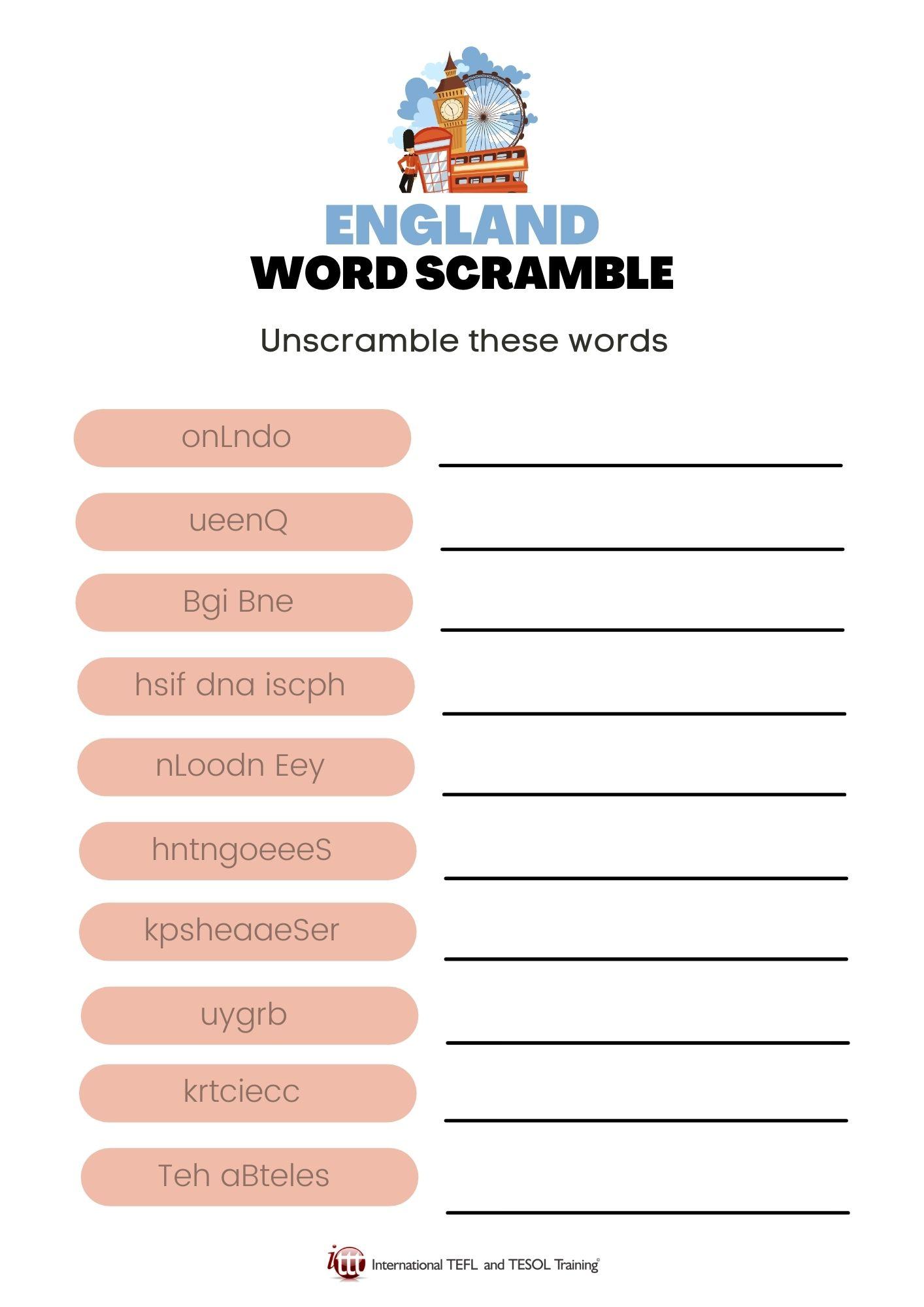 Grammar corner England Vocabulary EFL Word Scramble