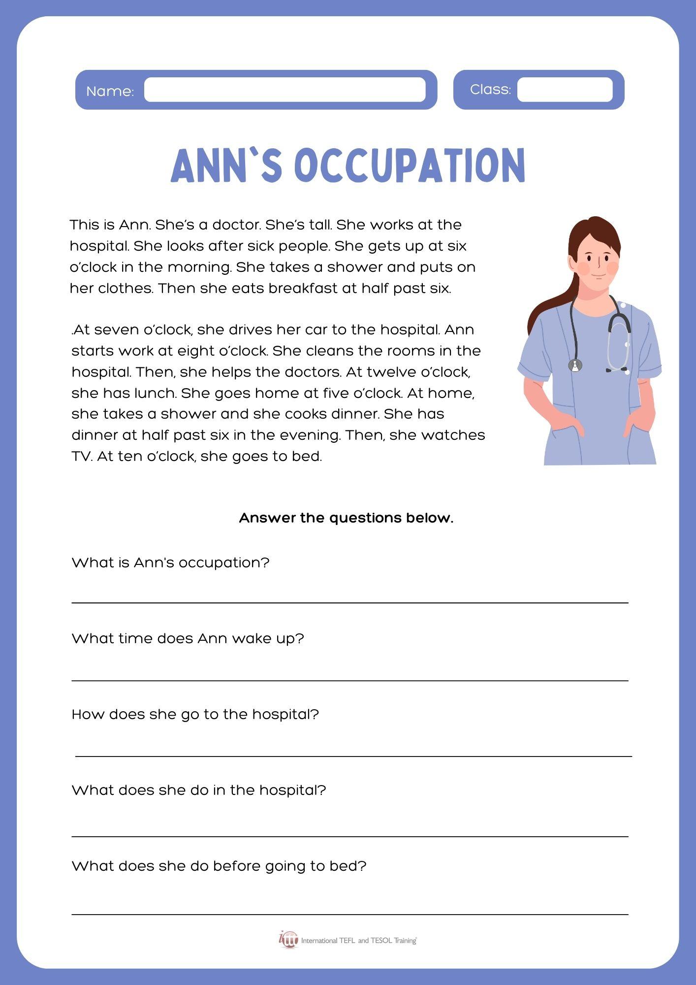 Grammar corner Reading Comprehension  Ann's Occupation 