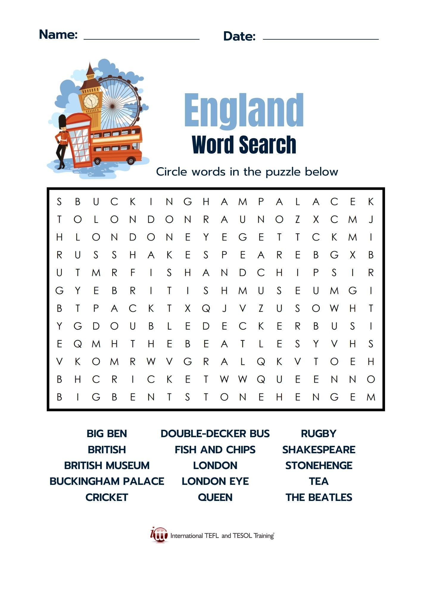 Grammar corner England Vocabulary EFL Word Search