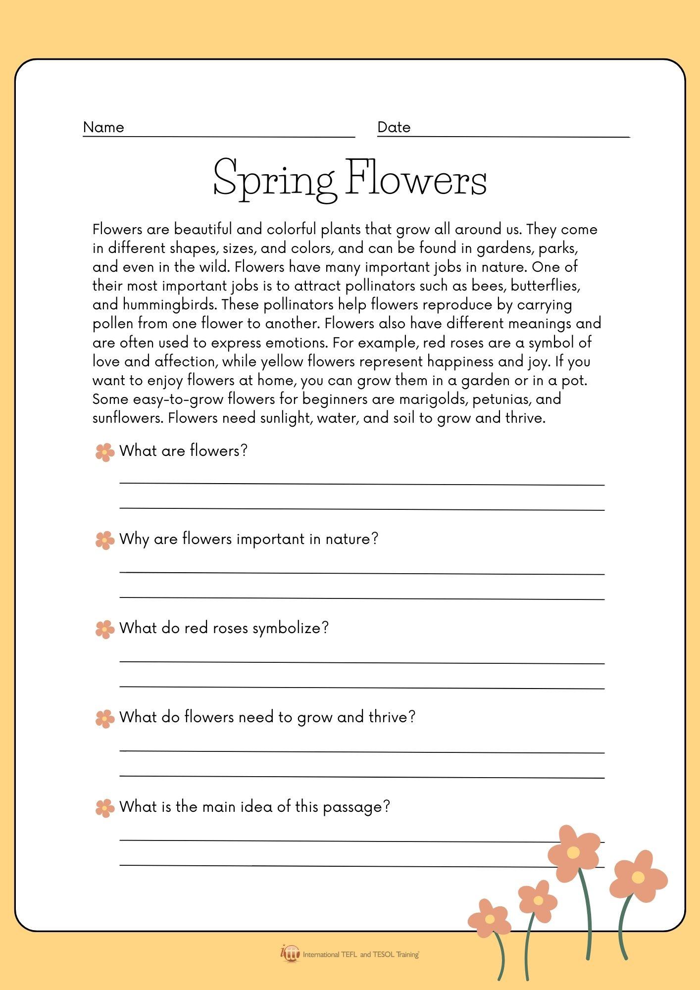 Grammar corner Spring Flowers Reading Comprehension