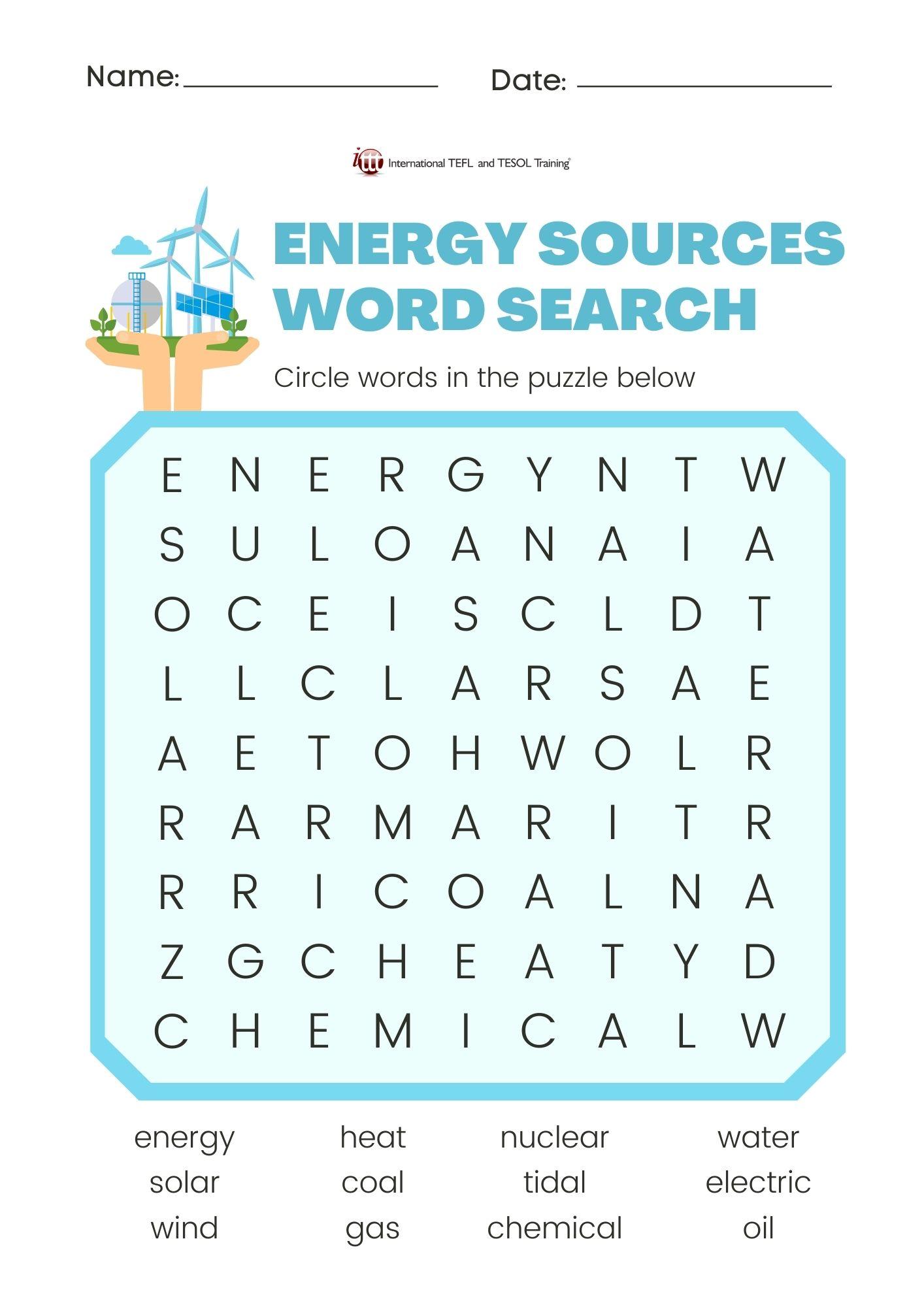 Grammar corner EFL Energy Sources Word Search