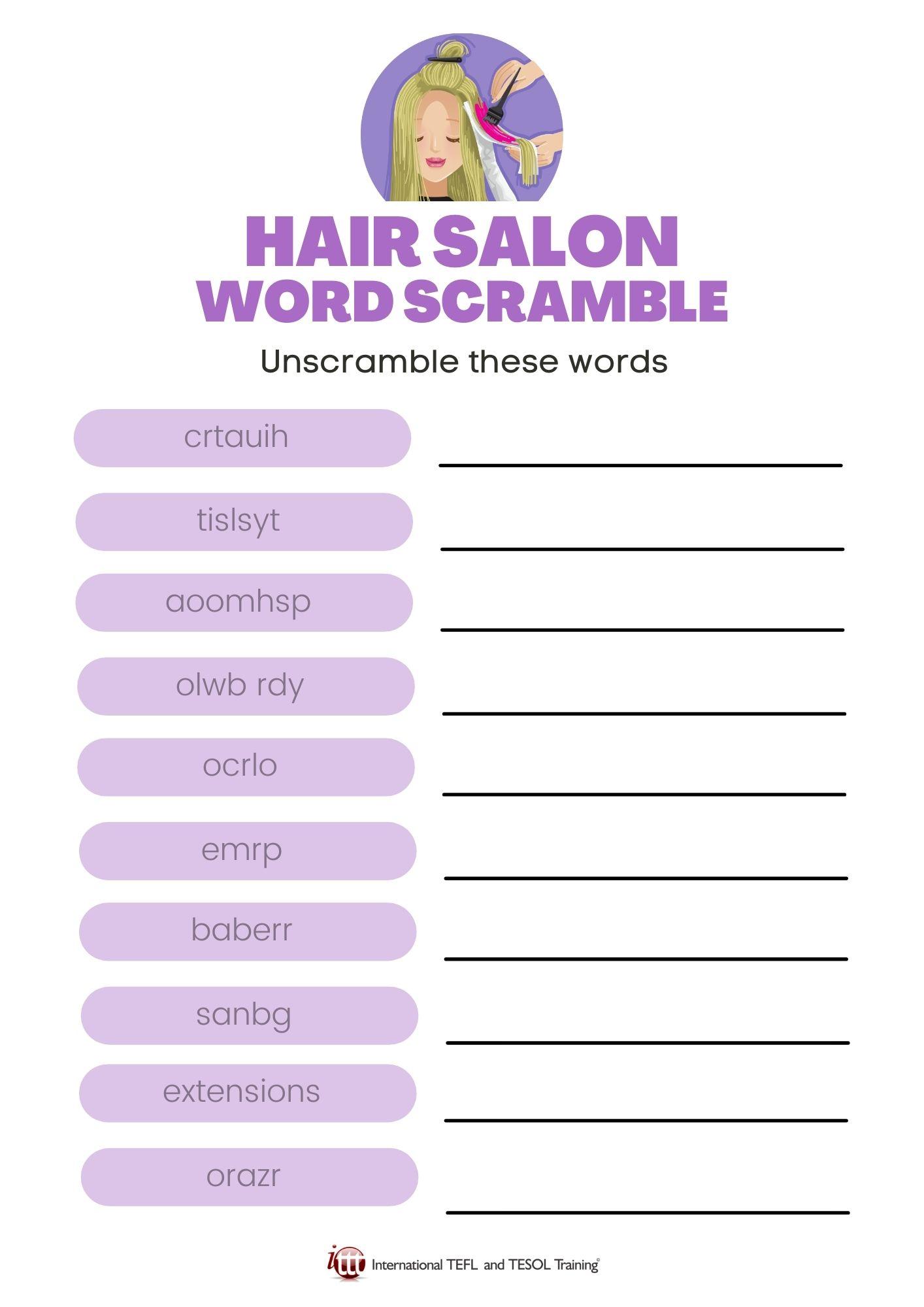 Grammar corner Hair Salon Vocabulary EFL Word Scramble