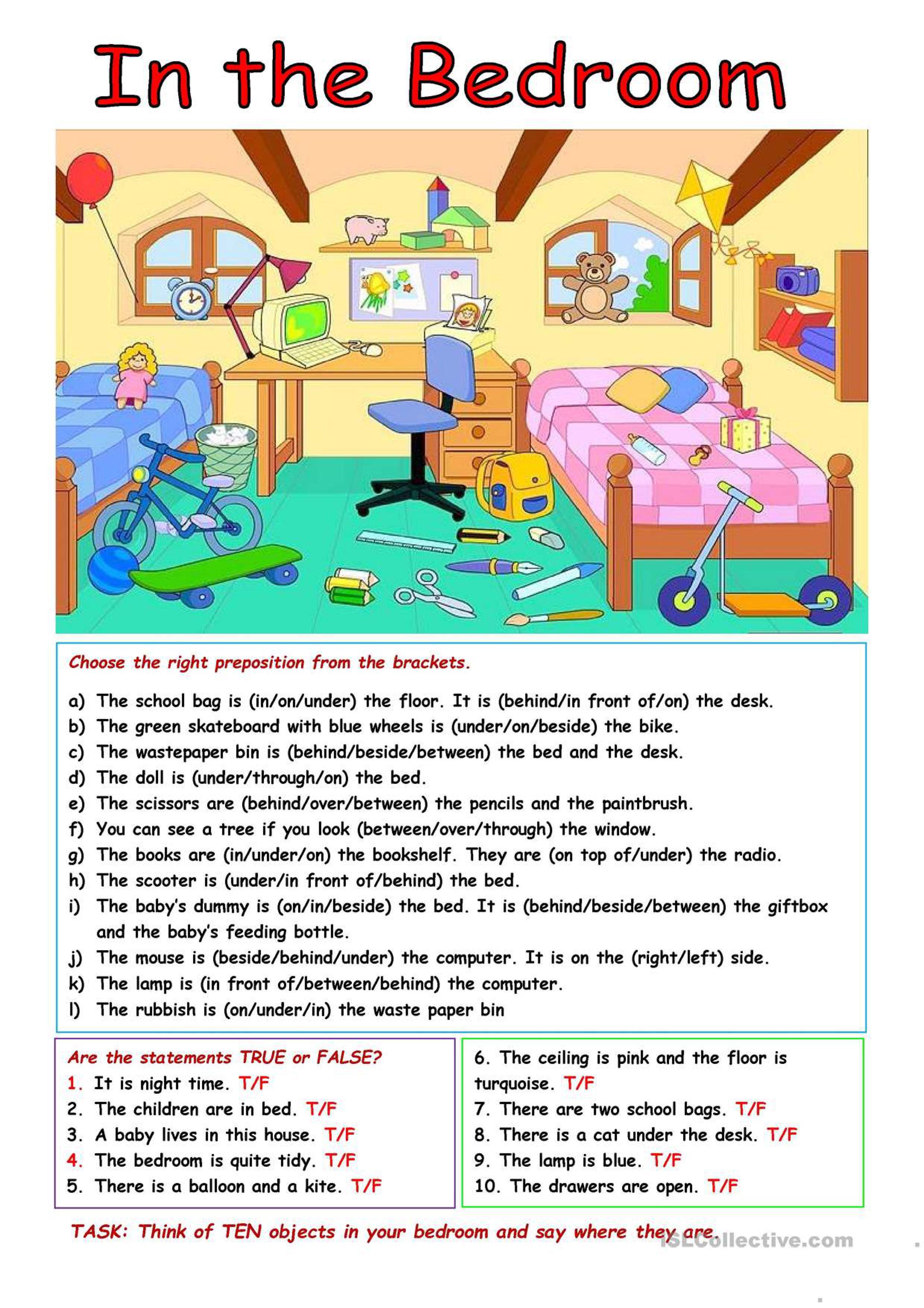 Grammar corner Prepositions of Place in the Bedroom Worksheet