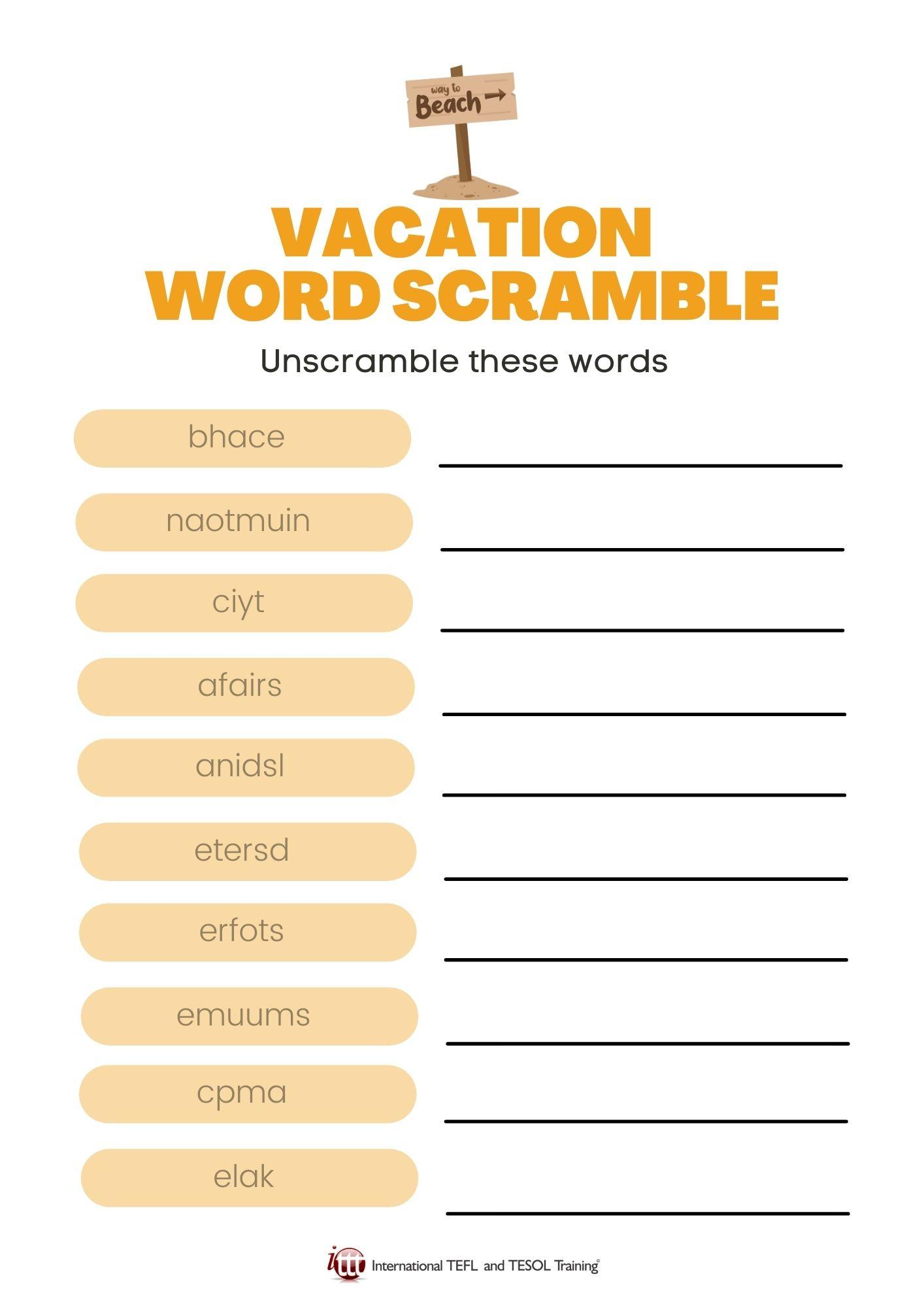 Grammar corner Vacation EFL Word Scramble