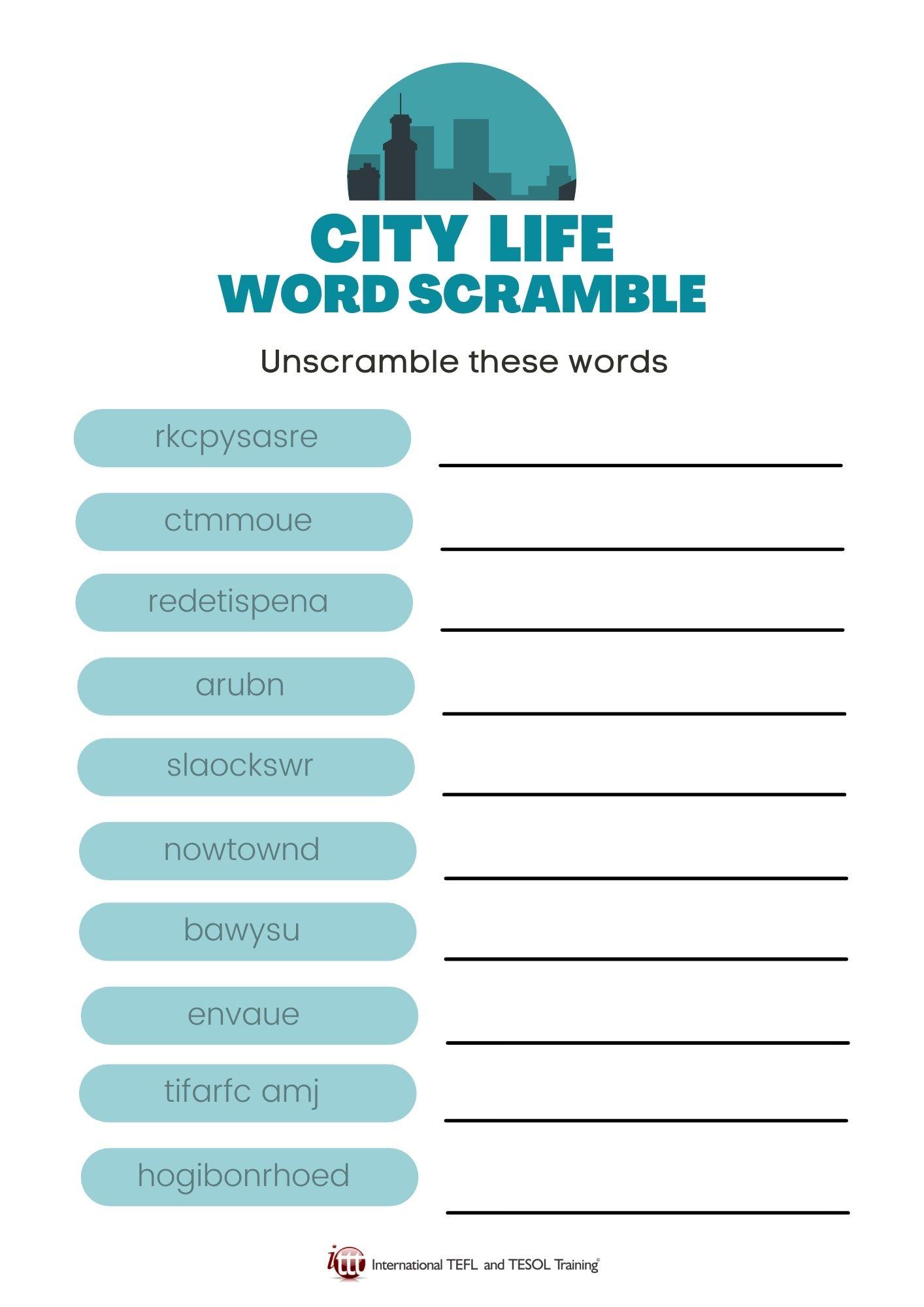 Grammar corner City Life EFL Word Scramble