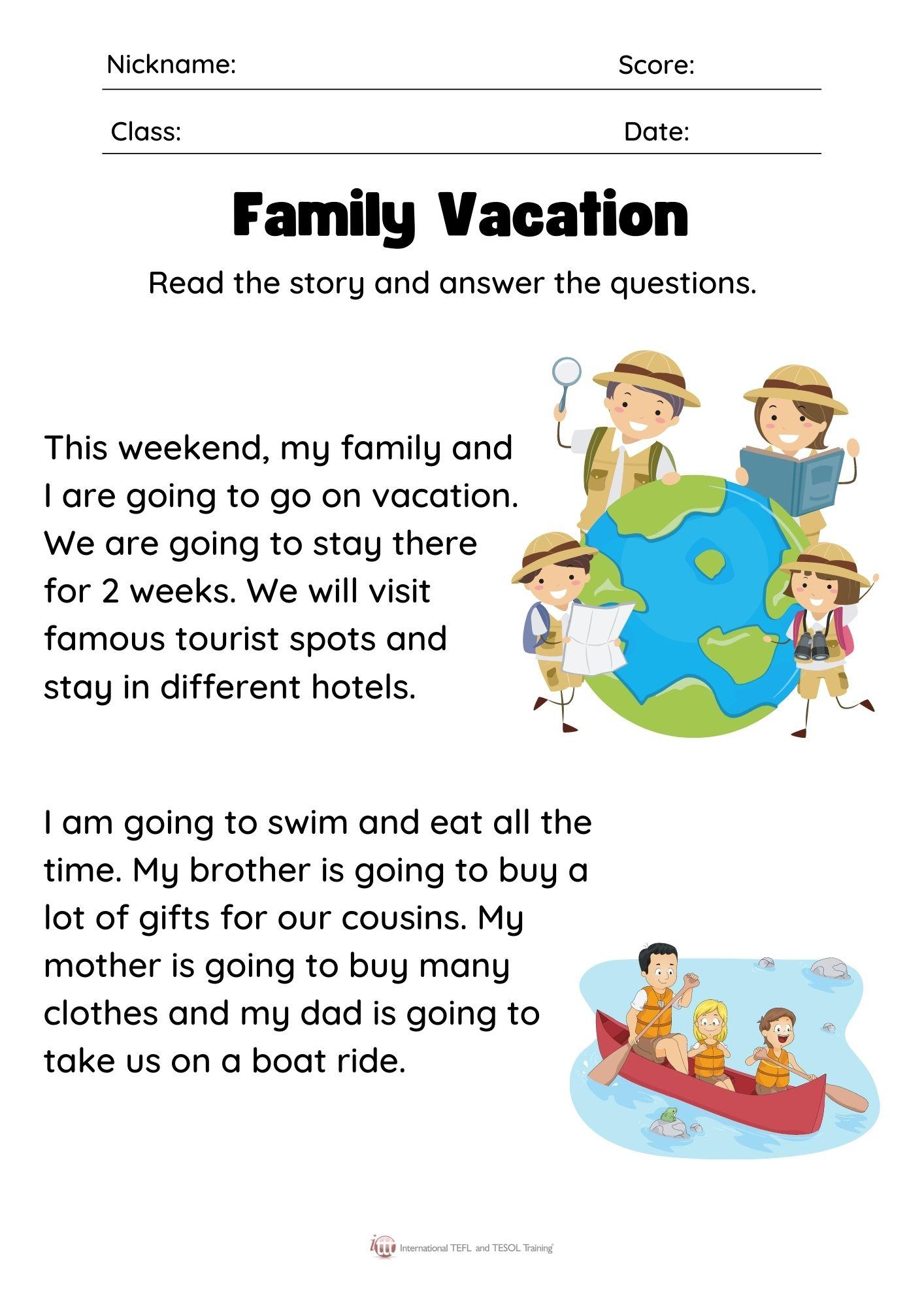 Grammar corner Family Vacation Reading Comprehension