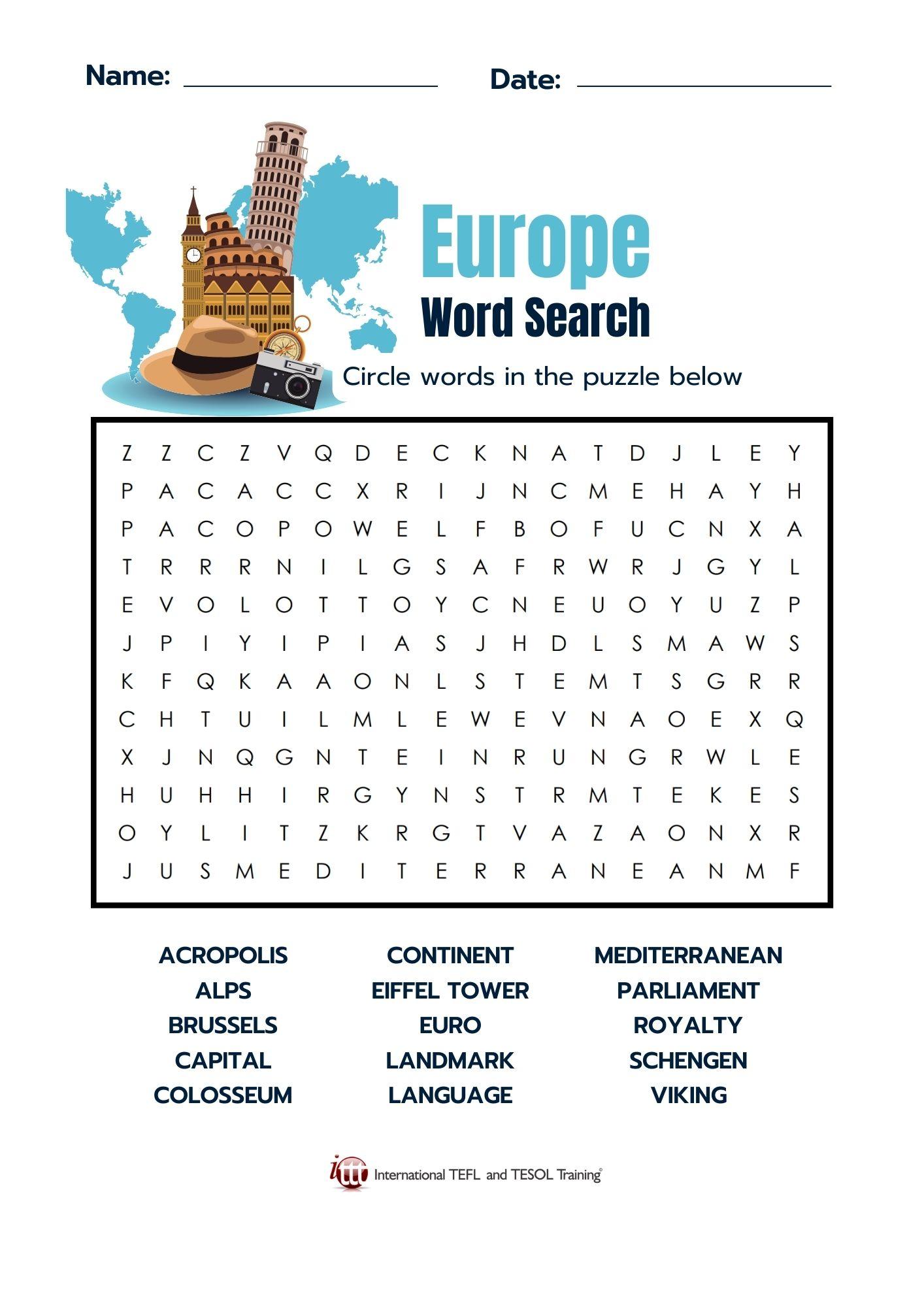 Grammar corner Europe Vocabulary EFL Word Search