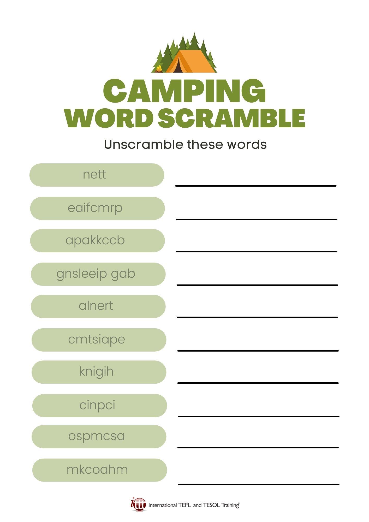 Grammar corner Camping Vocabulary EFL Word Scramble