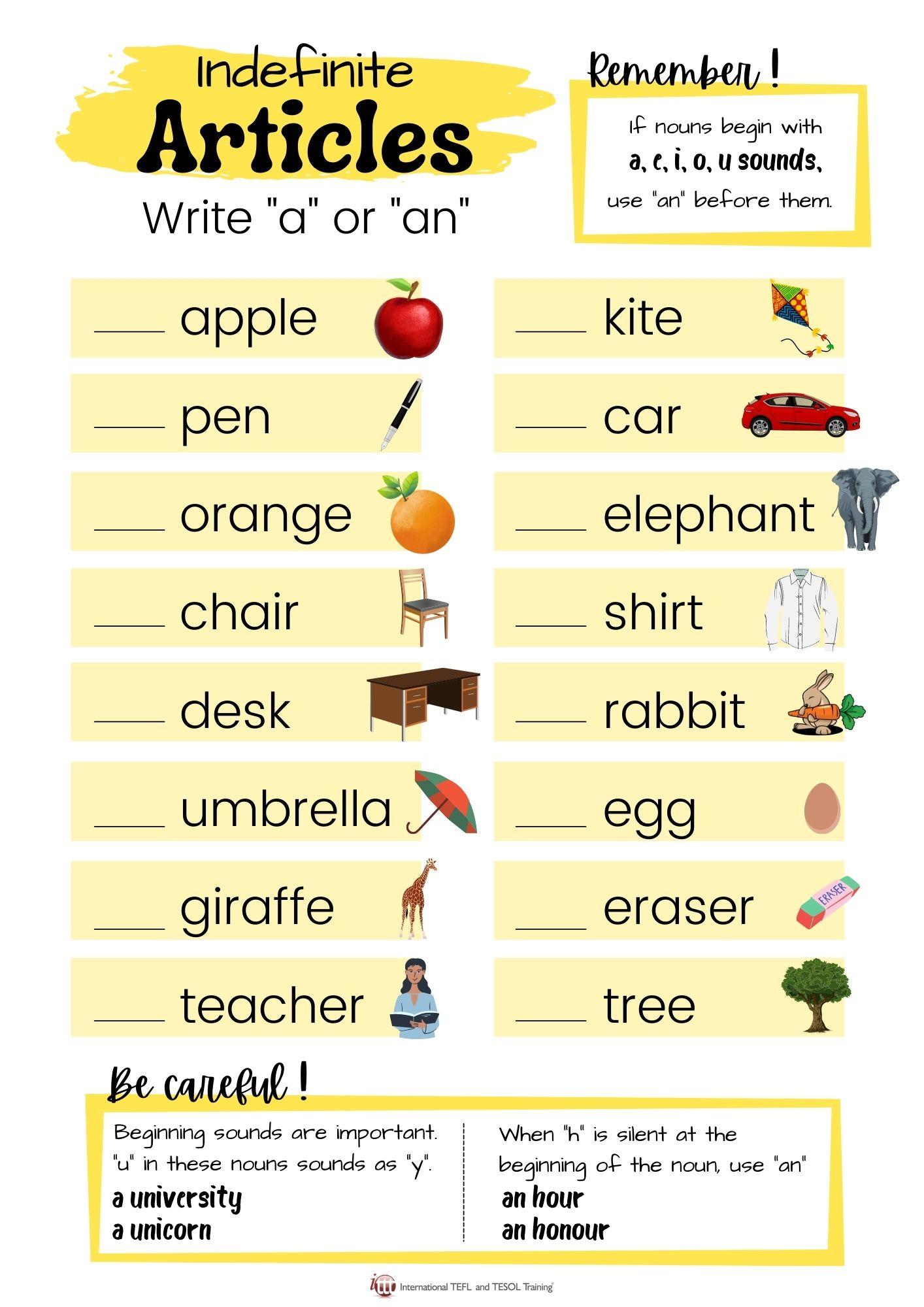 Grammar corner Indefinite Articles EFL Worksheet