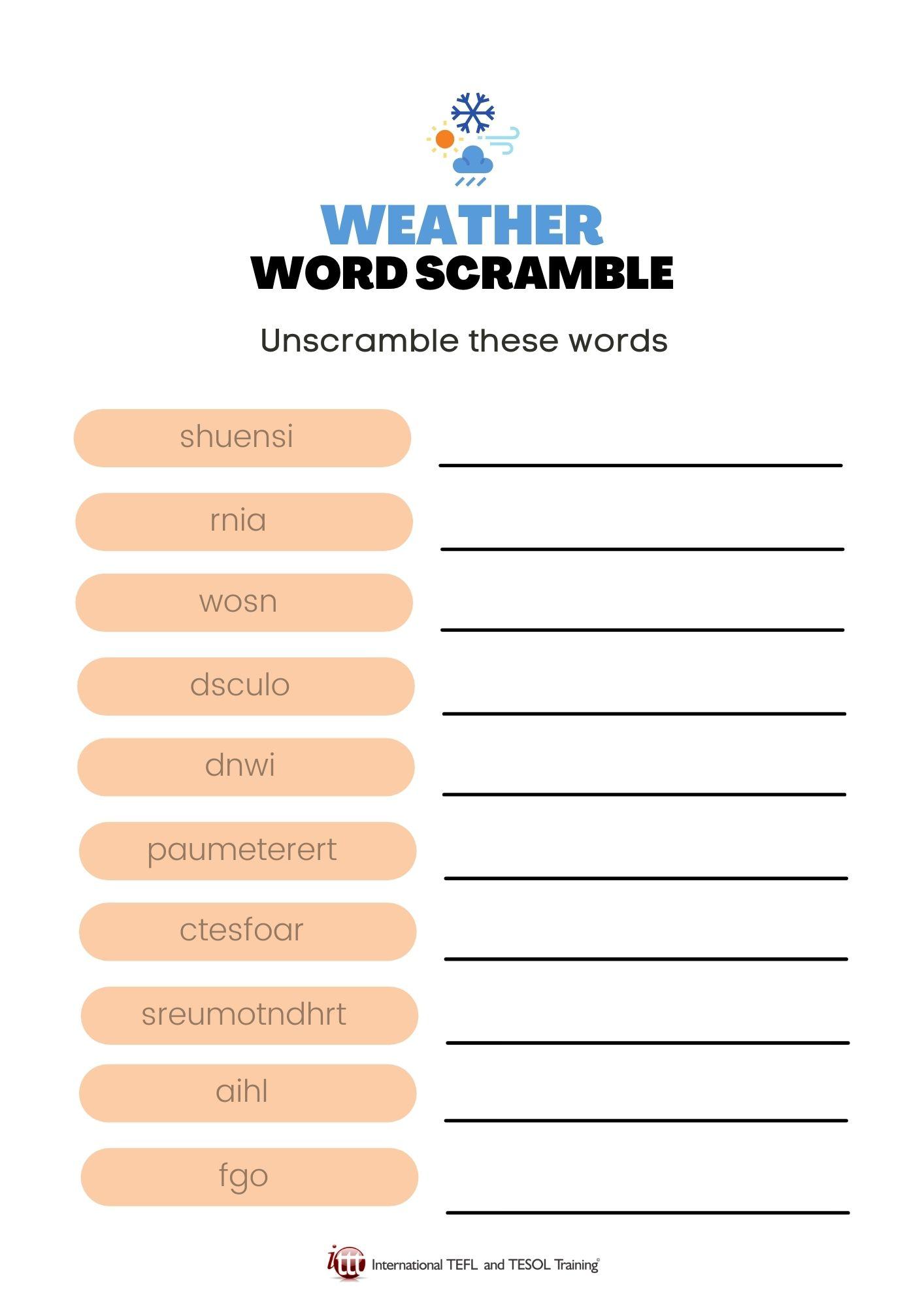 Grammar corner Weather Vocabulary EFL Word Scramble