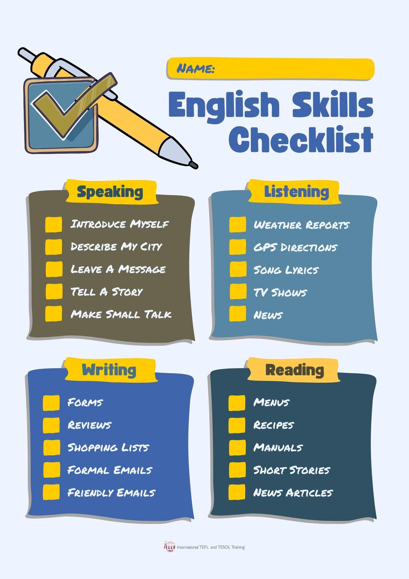 Grammar corner English Skills Checklist