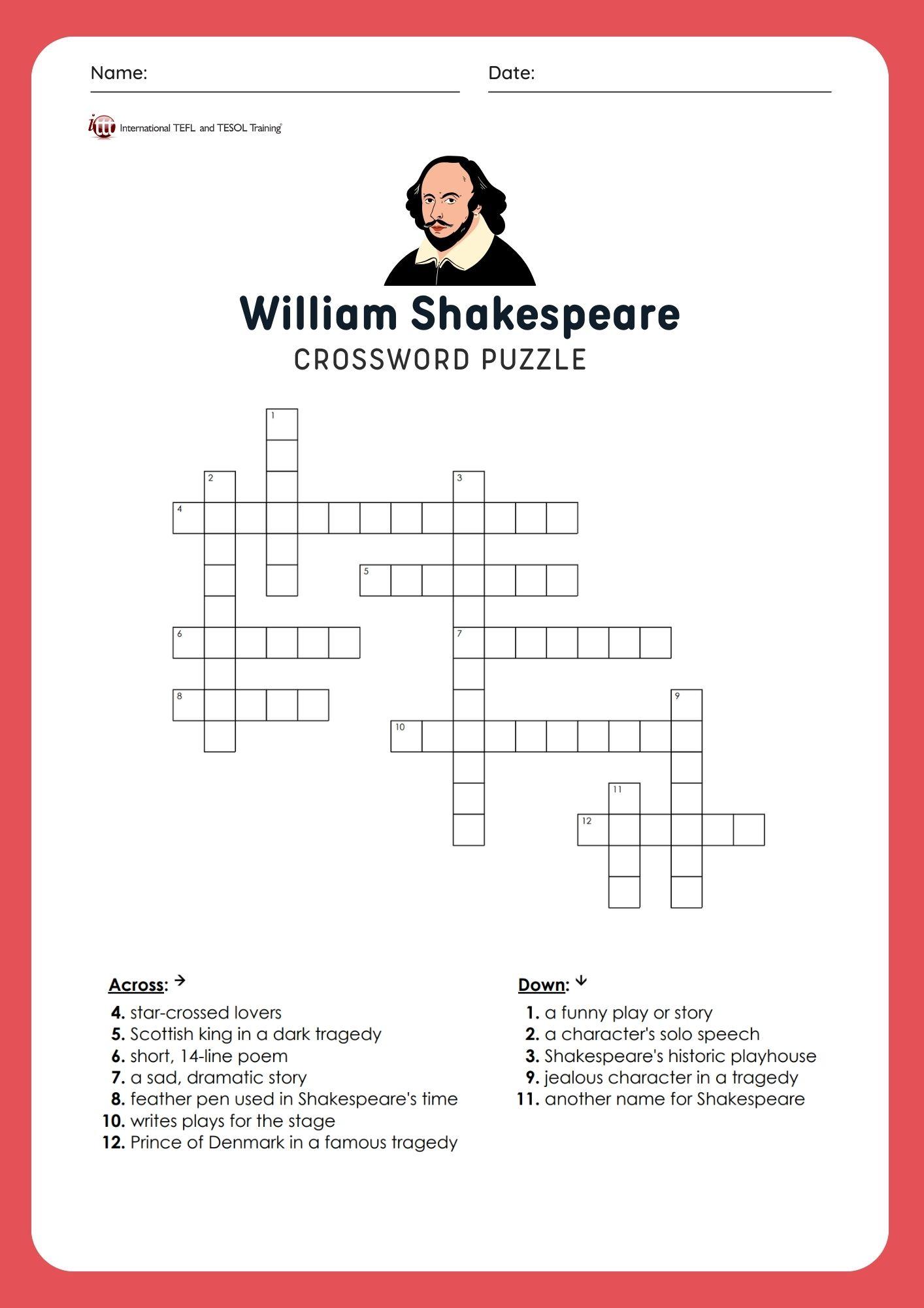 Grammar corner EFL William Shakespeare Vocabulary Crossword Puzzle