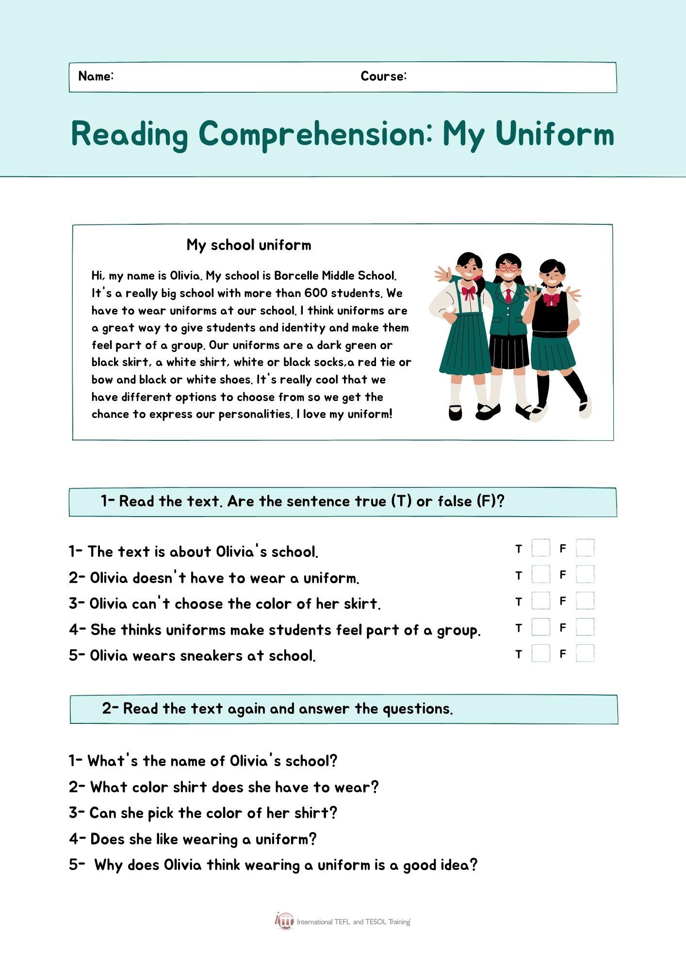 Grammar corner Reading Comprehension: My Uniform