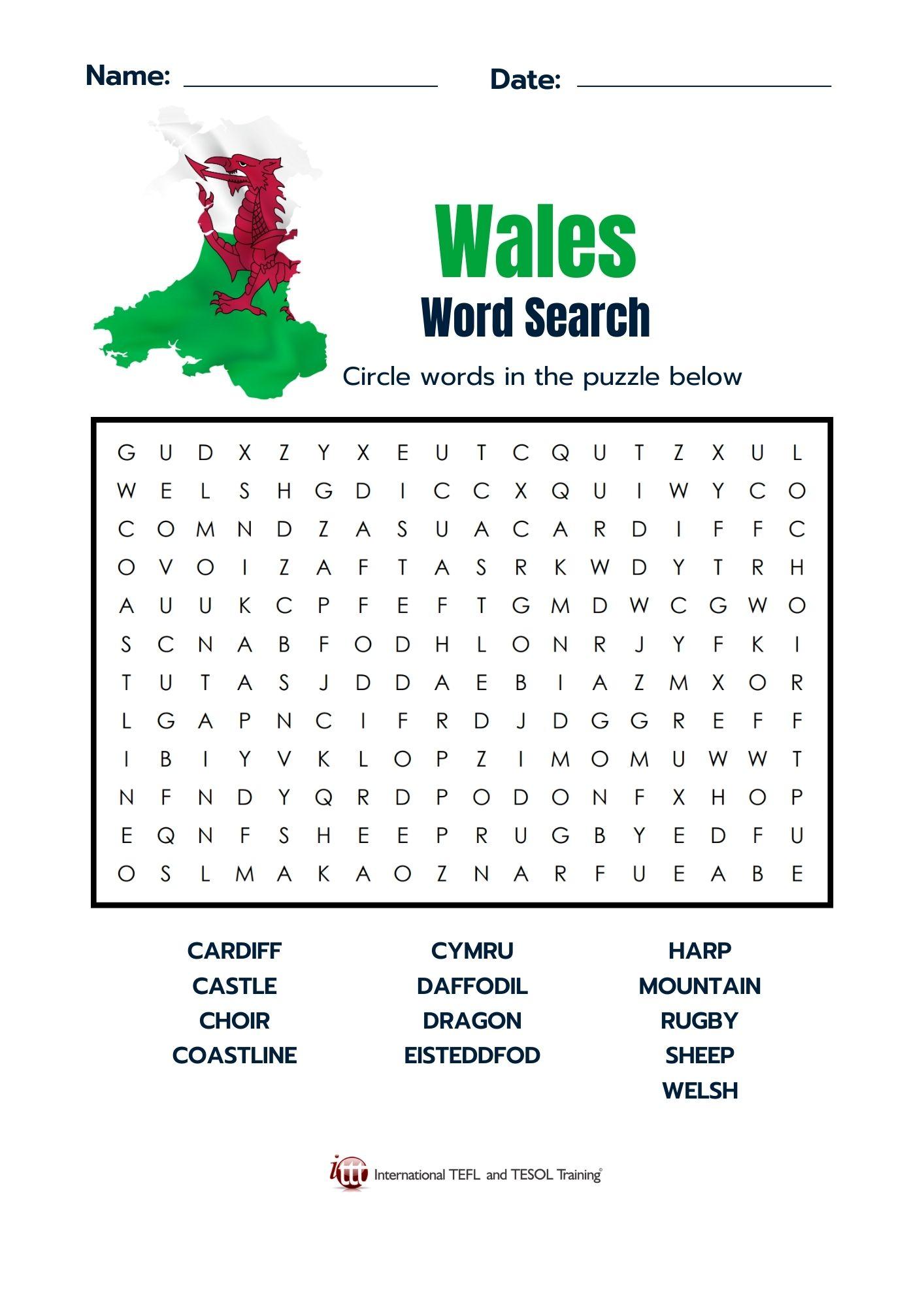 Grammar corner Wales Vocabulary EFL Word Search