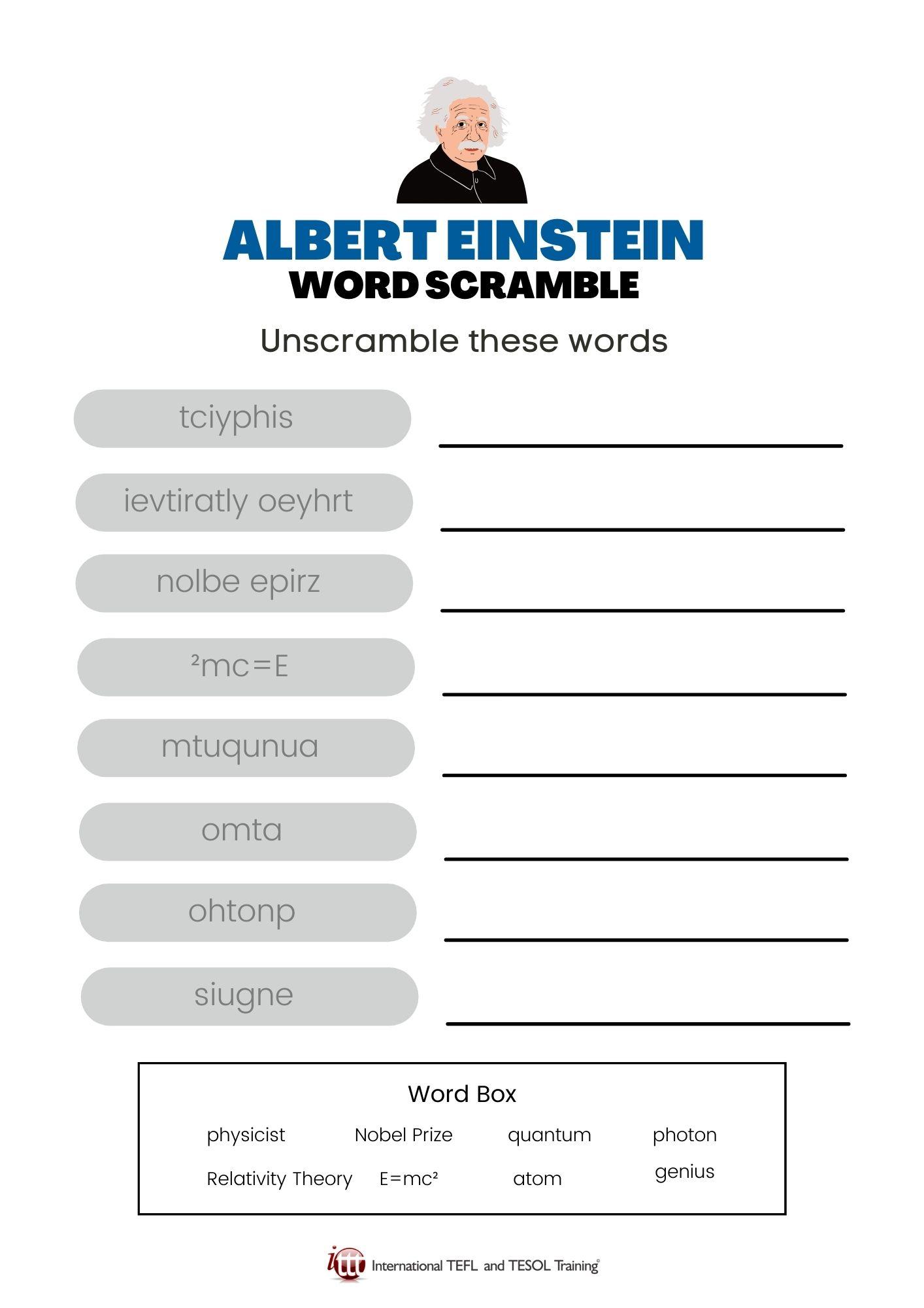 Grammar corner Albert Einstein Vocabulary EFL Word Scramble