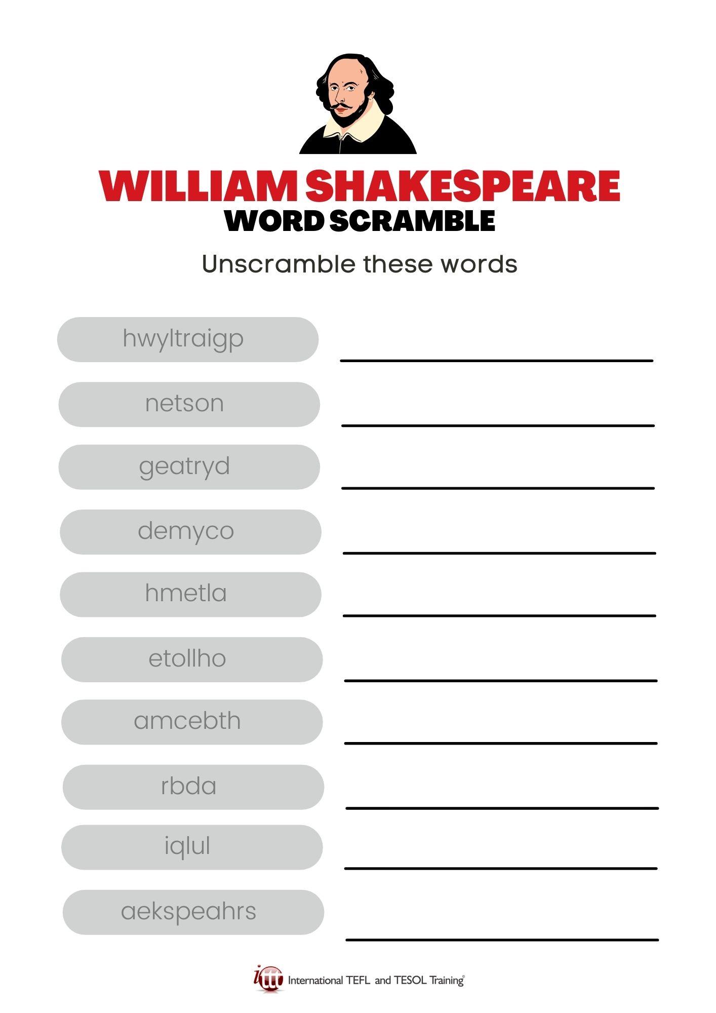 Grammar corner William Shakespeare Vocabulary EFL Word Scramble