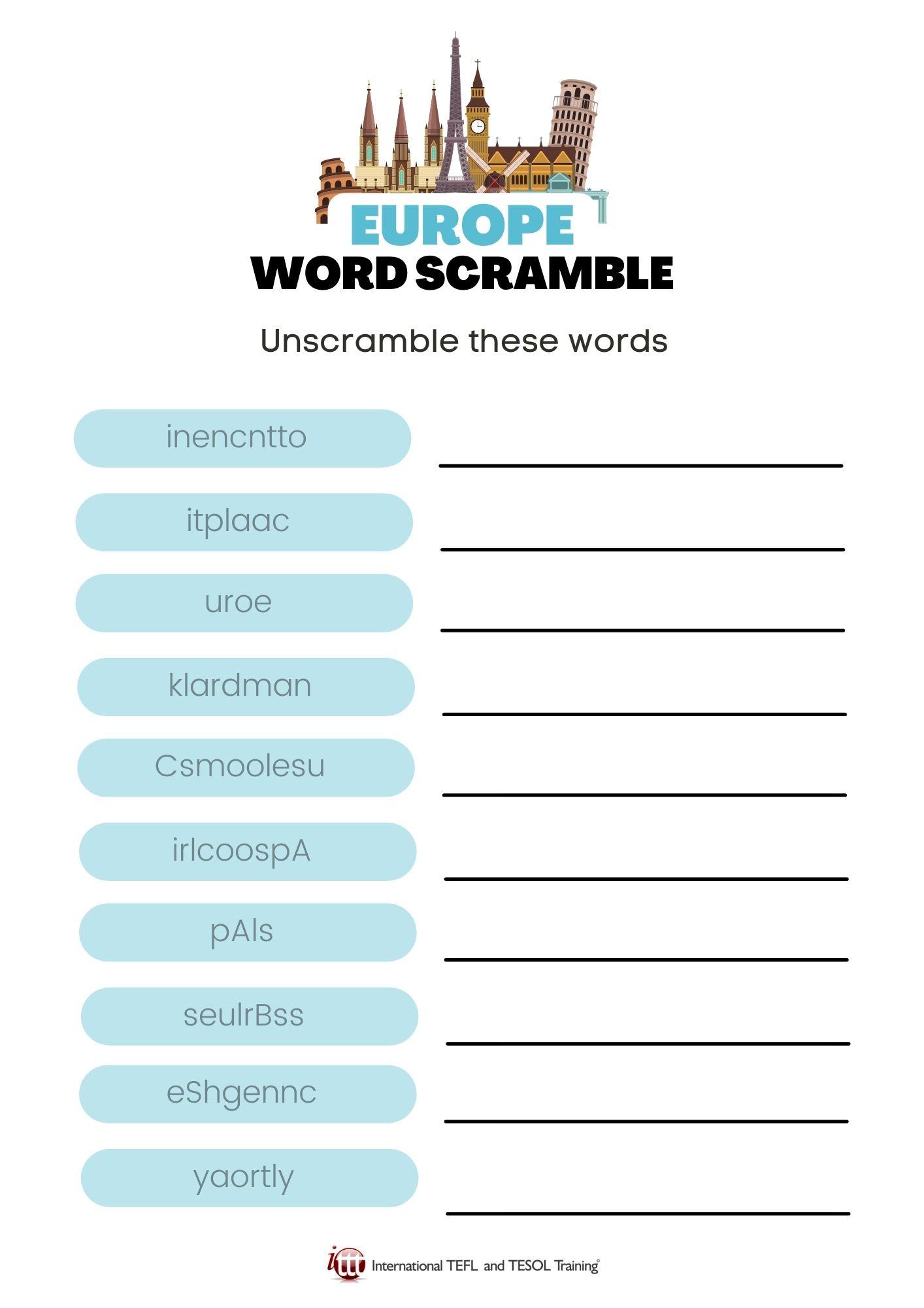 Grammar corner Europe Vocabulary EFL Word Scramble