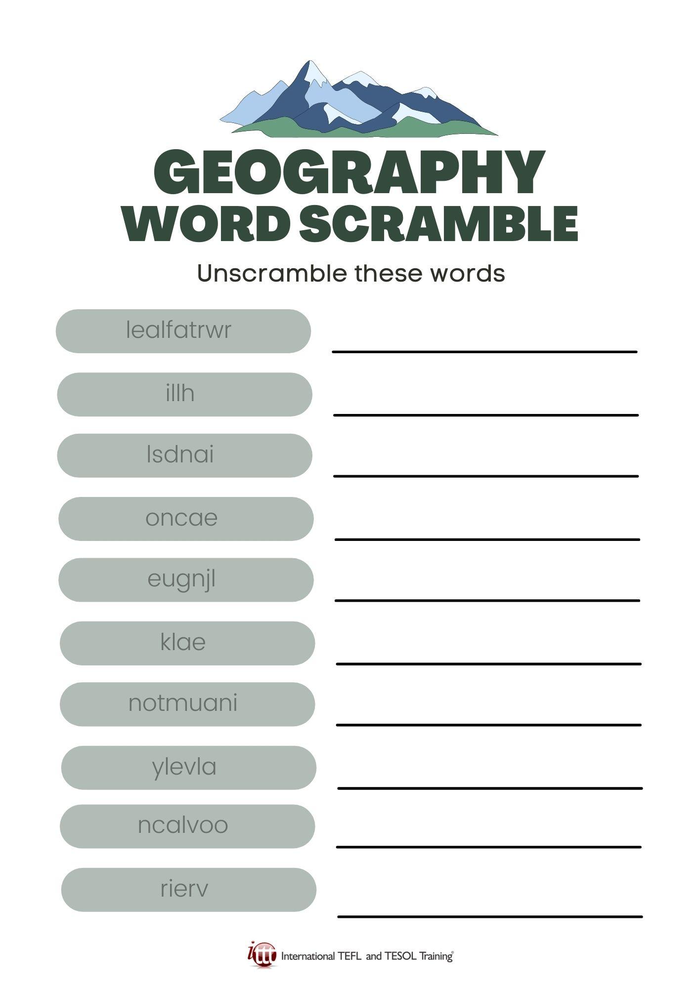 Grammar corner Geography Vocabulary EFL Word Scramble