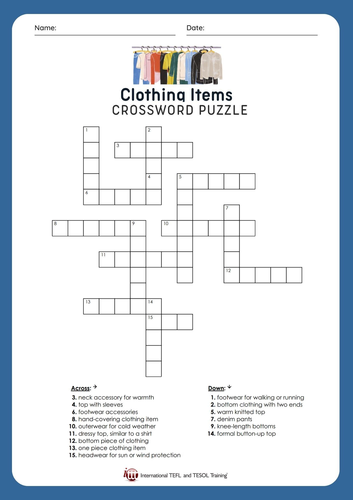 Grammar corner EFL Clothing Items Crossword Puzzle