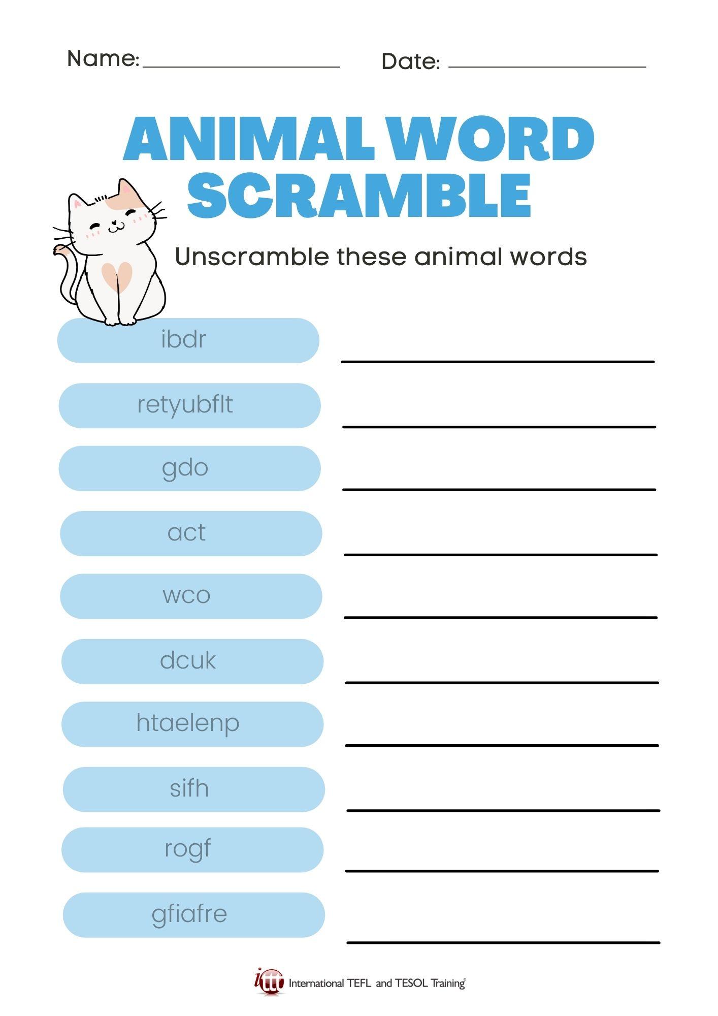 Grammar corner EFL Kindergarten Animal Word Scramble