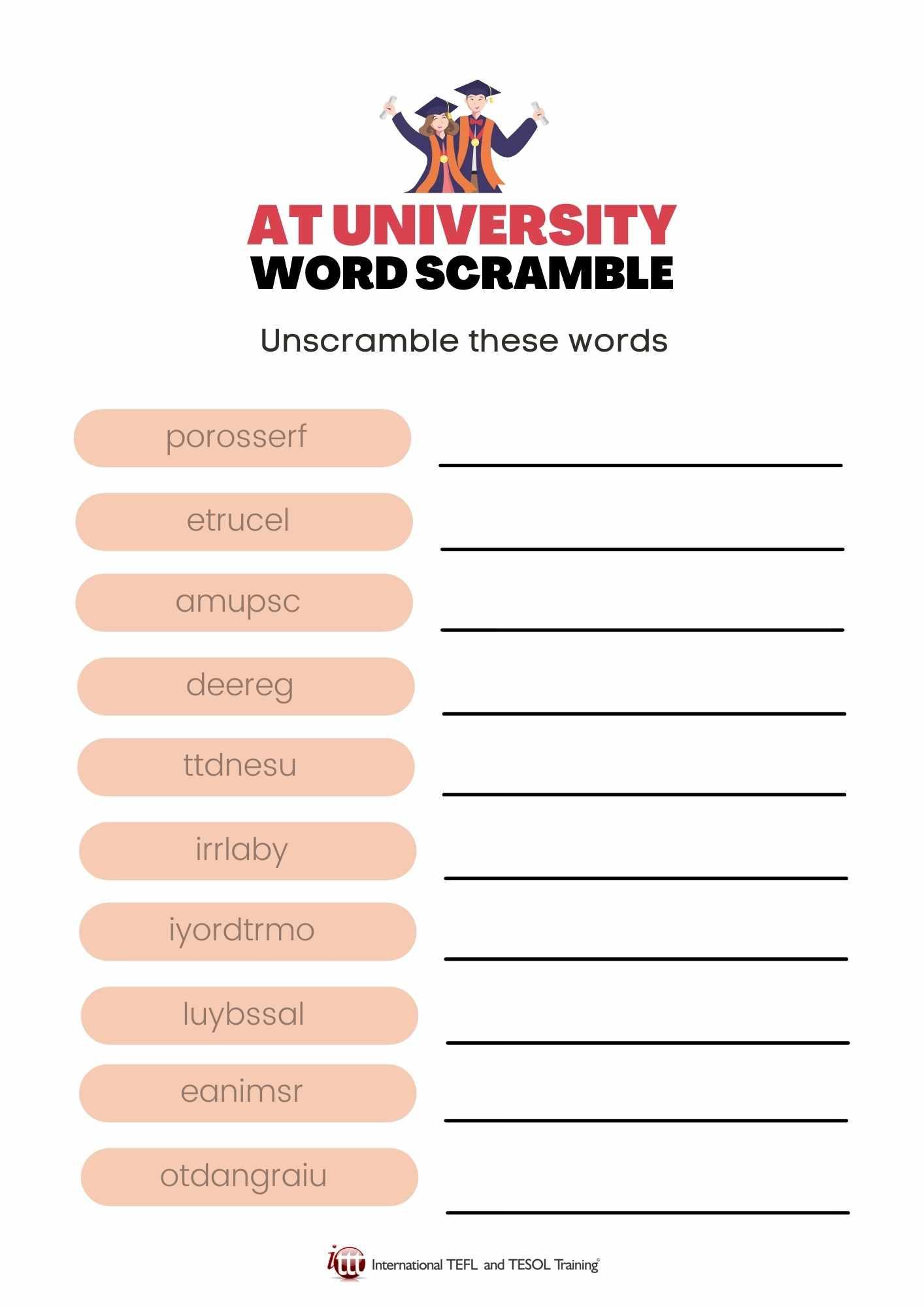 Grammar corner At University Vocabulary EFL Word Scramble