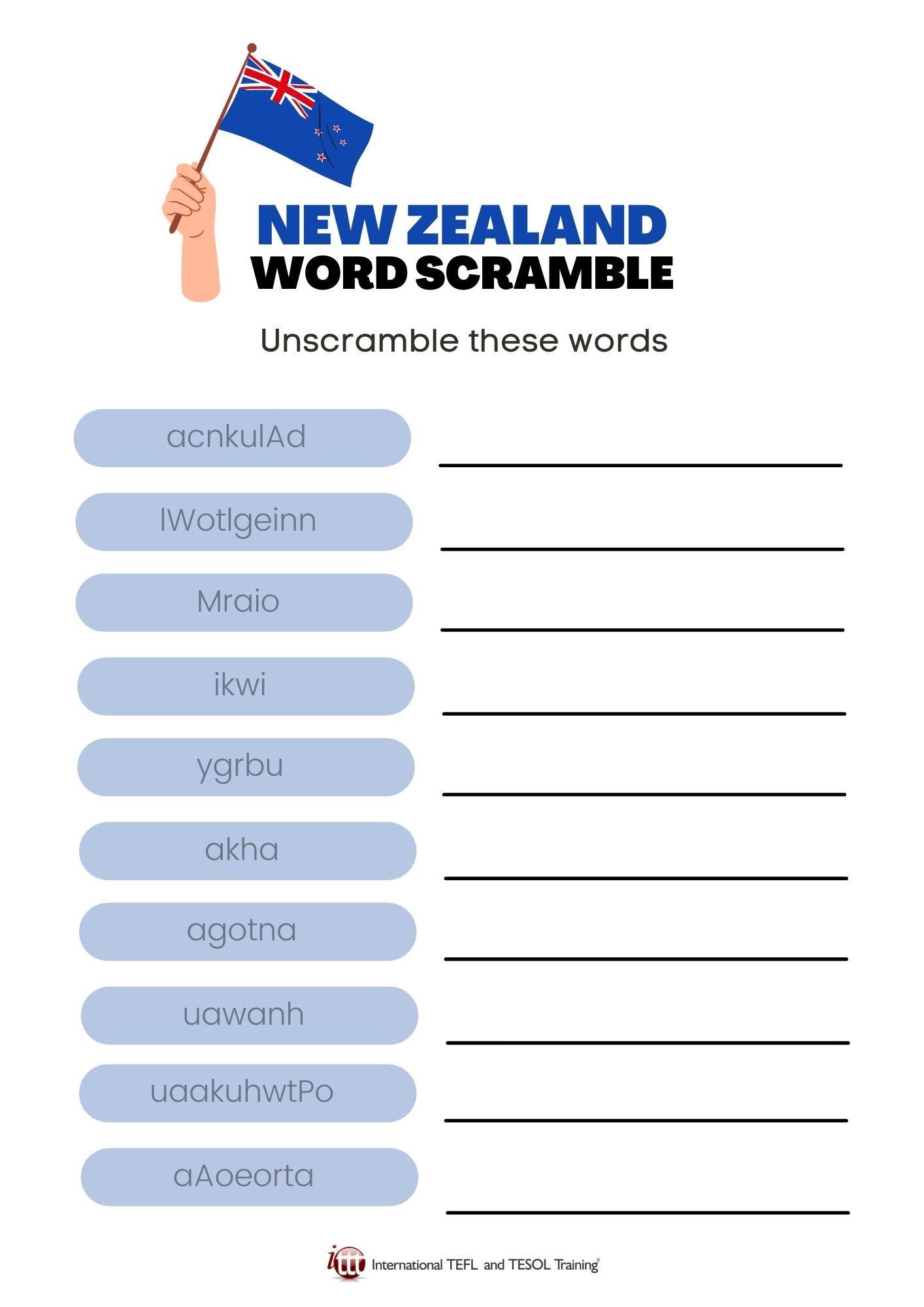 Grammar corner New Zealand Vocabulary EFL Word Scramble