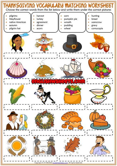 Grammar corner Thanksgiving ESL Vocabulary Matching Exercise Worksheet