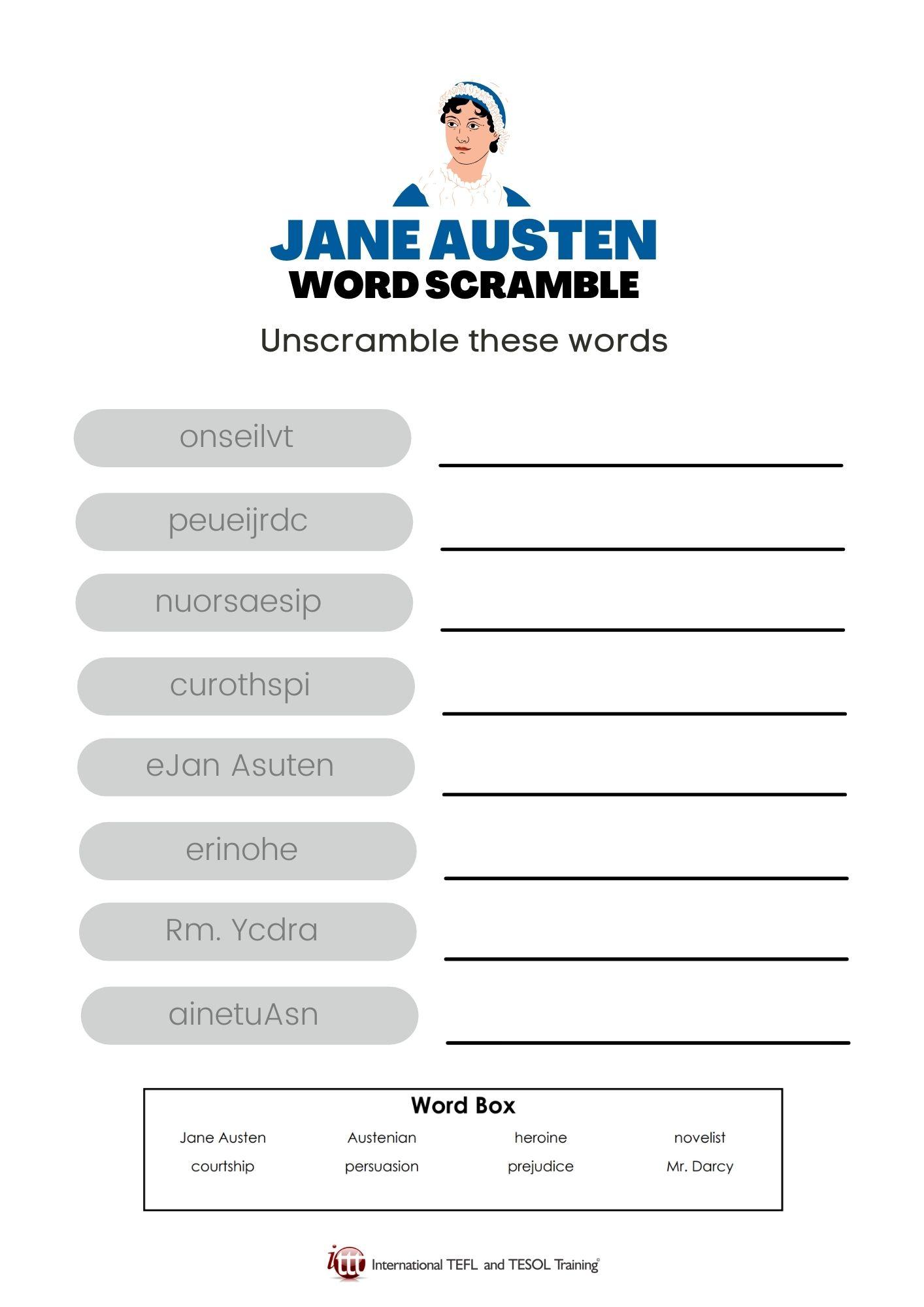 Grammar corner Jane Austen Vocabulary EFL Word Scramble