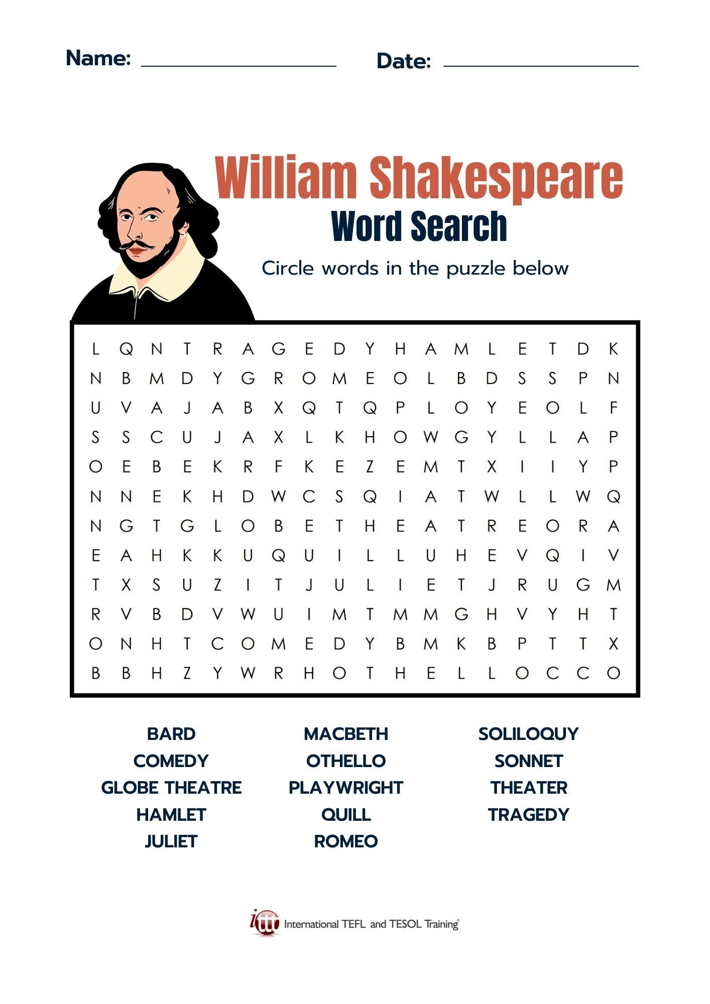 Grammar corner William Shakespeare Vocabulary EFL Word Search