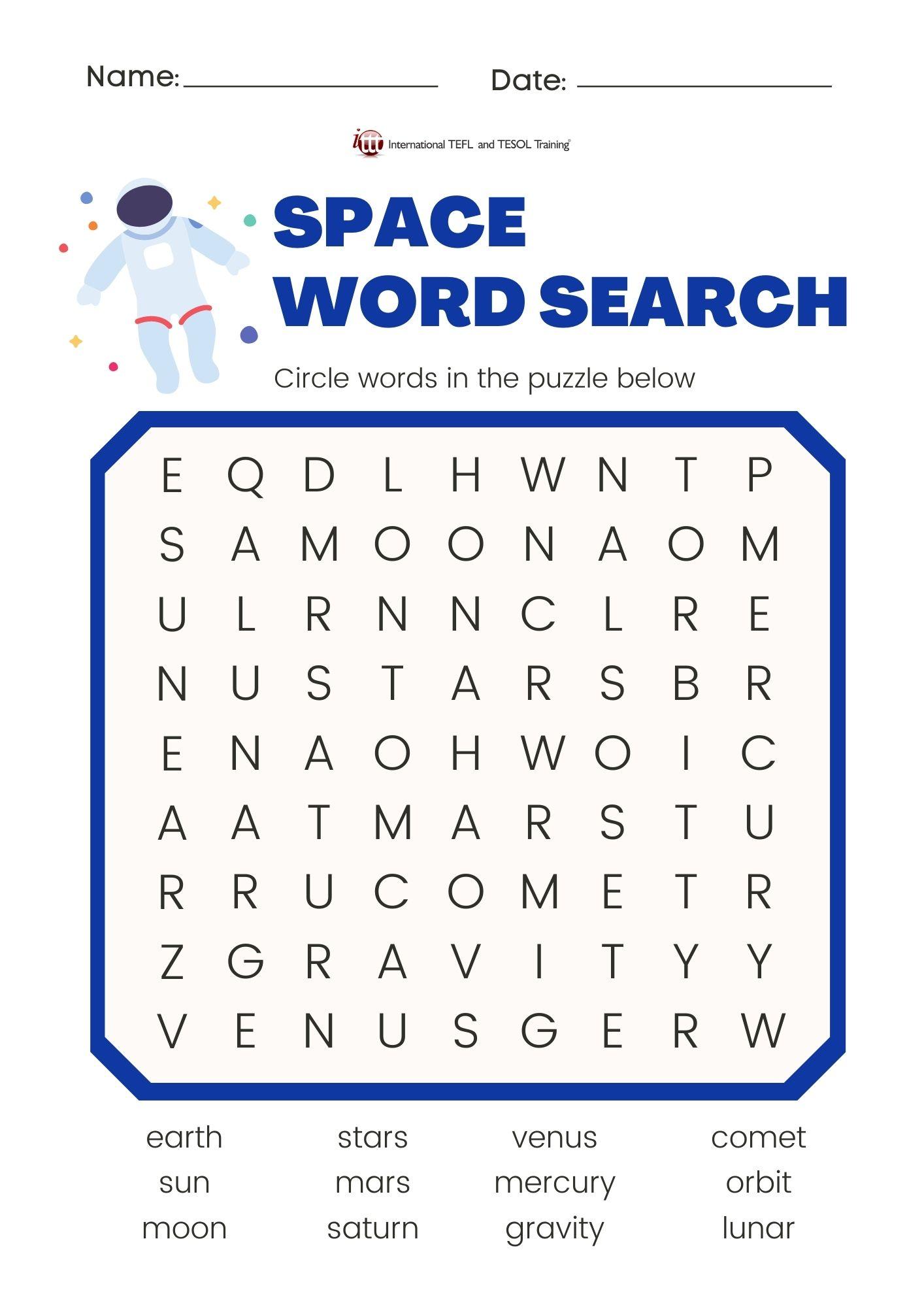 Grammar corner EFL Space Word Search