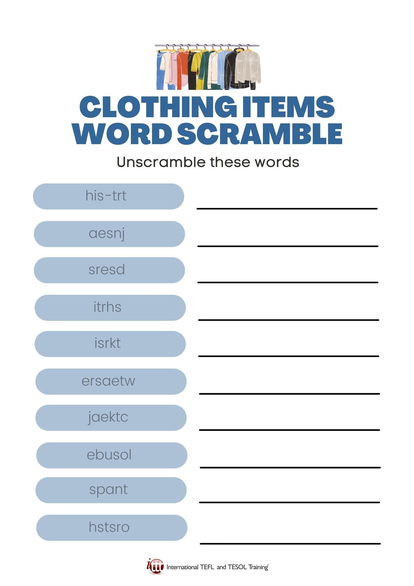 Grammar corner Clothing Items EFL Word Scramble