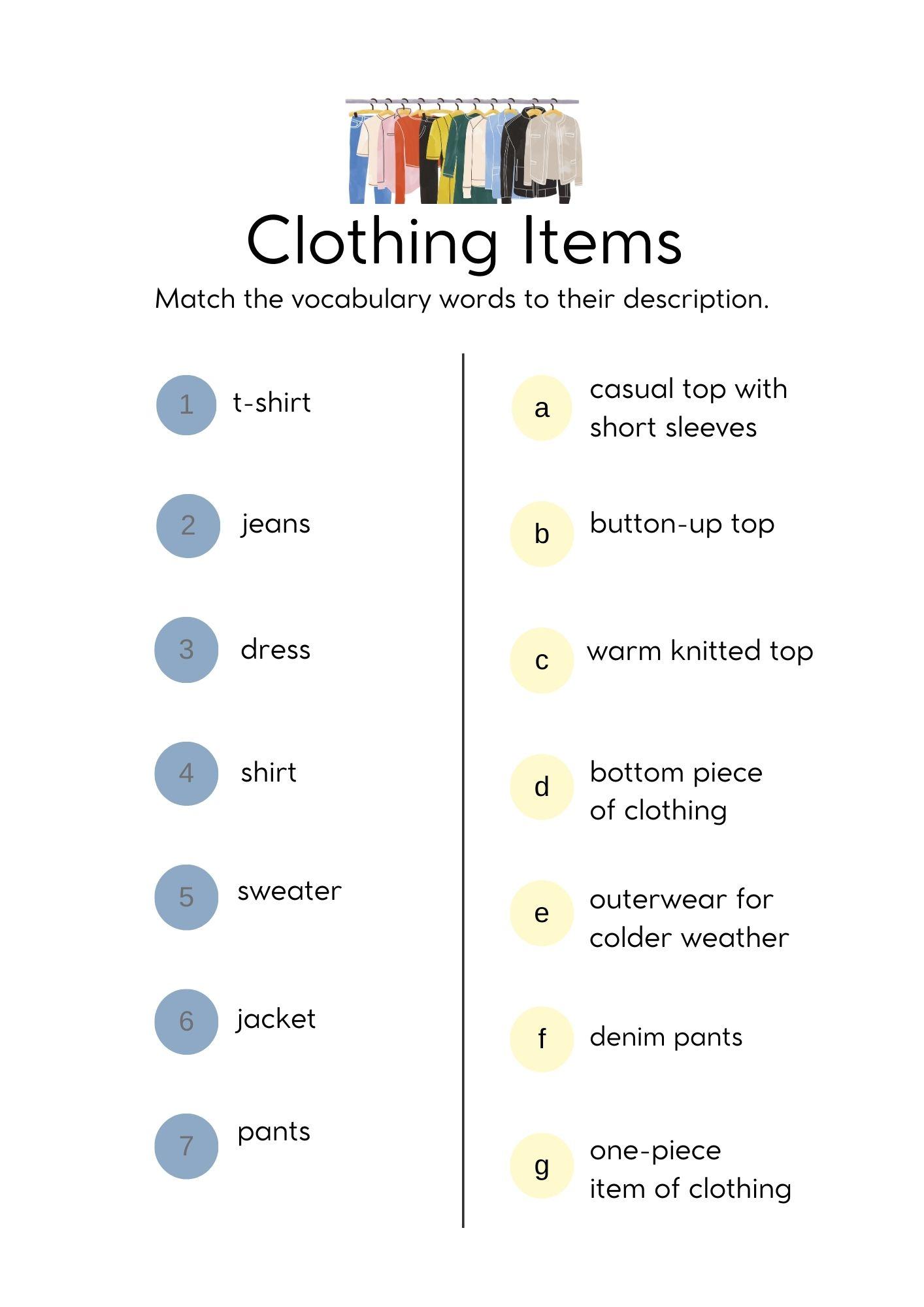 Grammar corner EFL Word Match Clothing Items