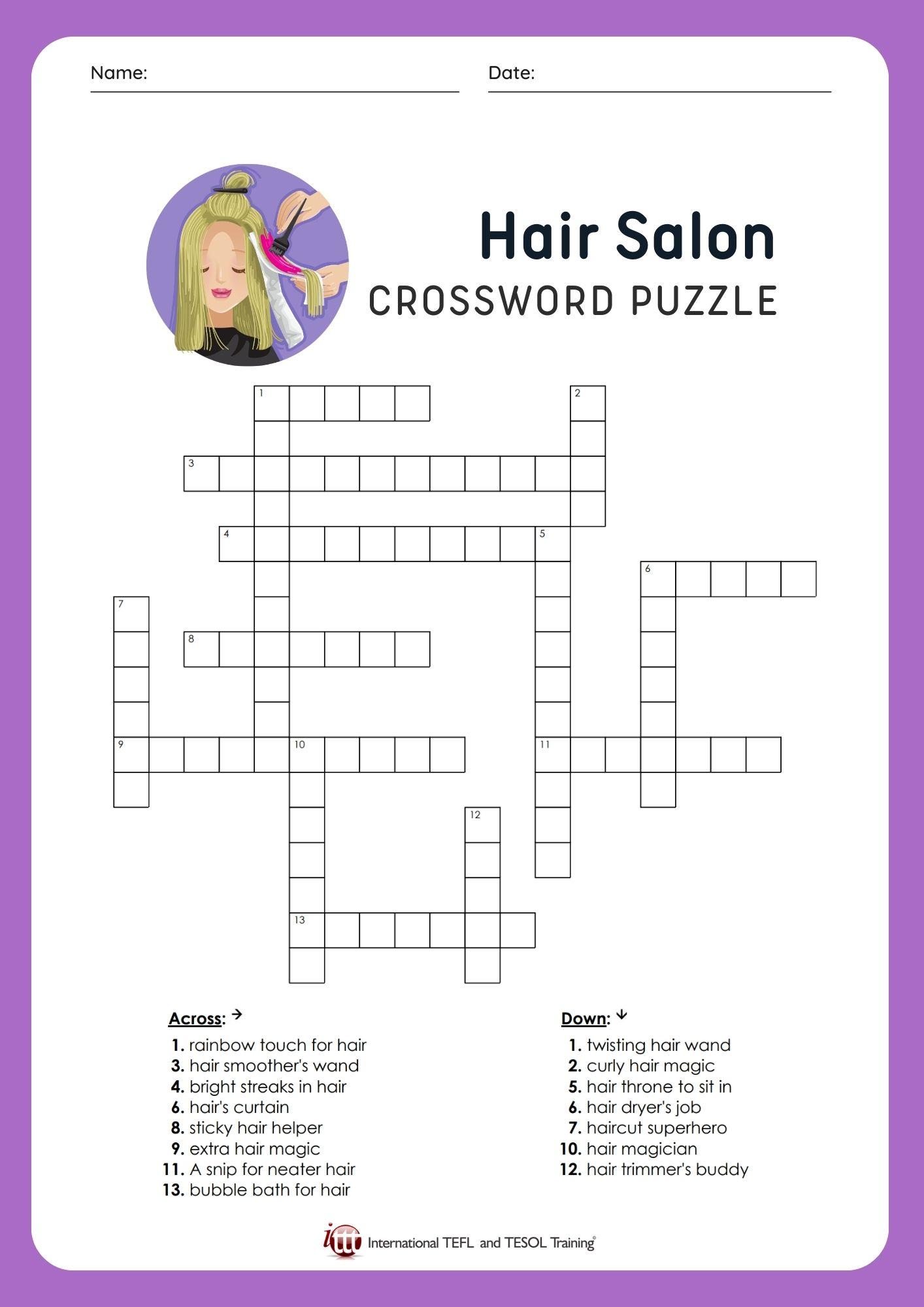 Grammar corner EFL Hair Salon Vocabulary Crossword Puzzle