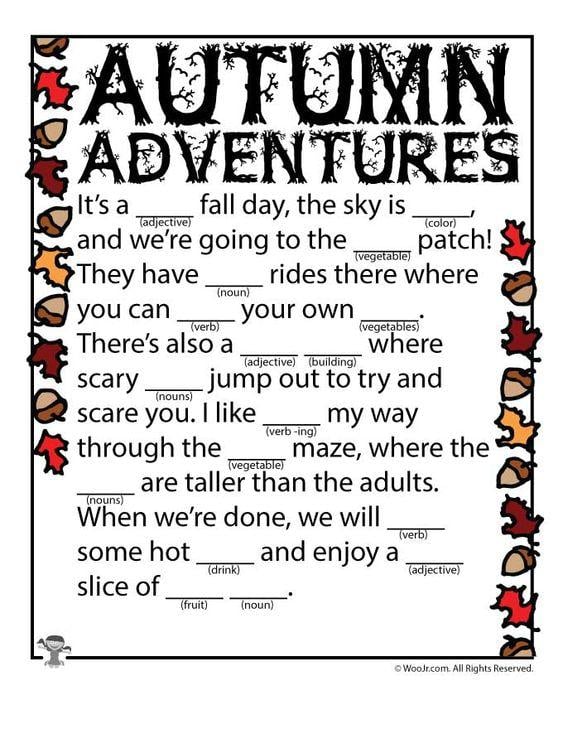 Grammar corner Printable Autumn Adventures Mad Libs