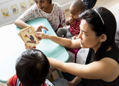 teacher showing flashcards to students