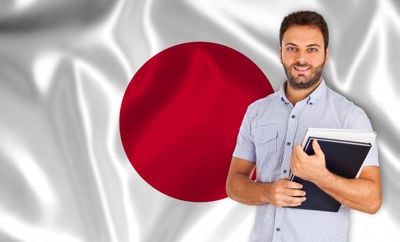 students on the japan flag background