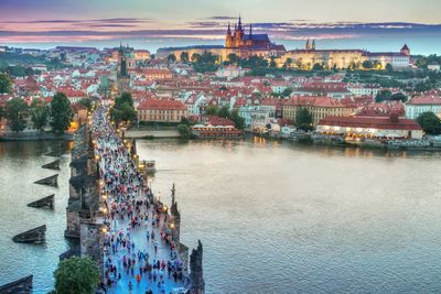 Prague bridge city view from above