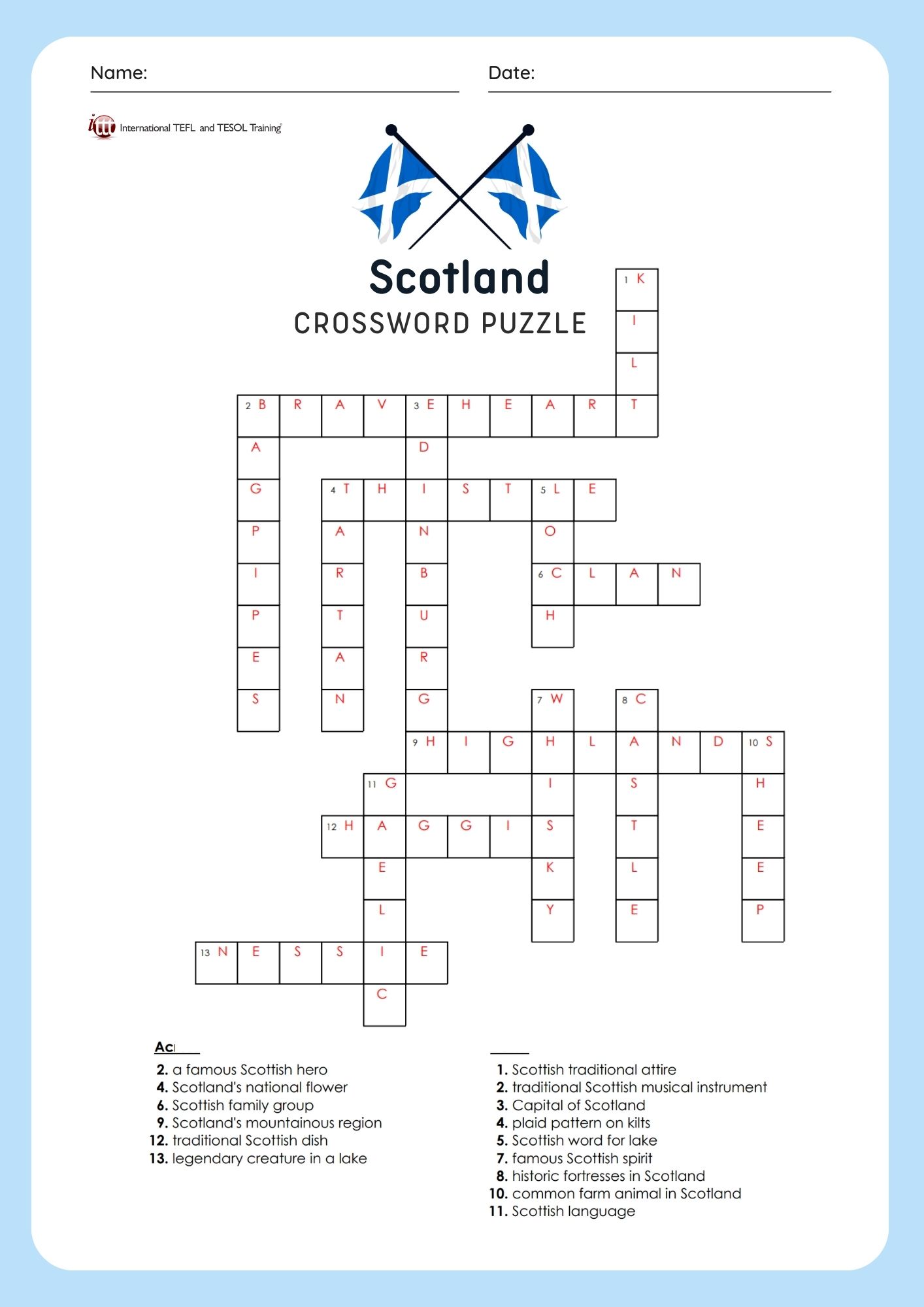 EFL Scotland Vocabulary Crossword Puzzle ️ ️ ️ ITTT EFL Scotland Vocabulary Crossword Puzzle ️ ️ ️ ITTT